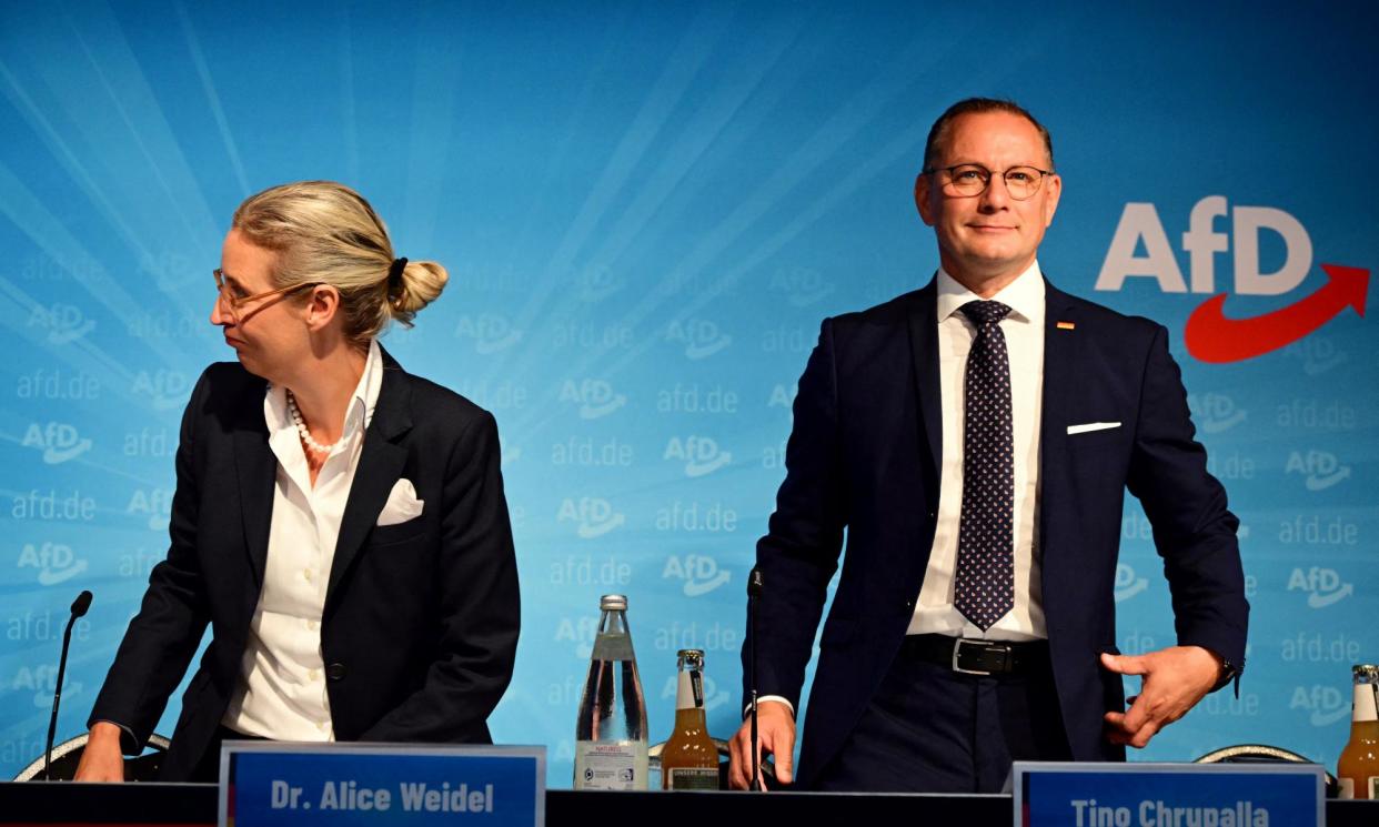 <span>The AfD co-leaders, Alice Weidel and Tino Chrupalla, at a press conference in Berlin on Monday.</span><span>Photograph: Tobias Schwarz/AFP/Getty Images</span>