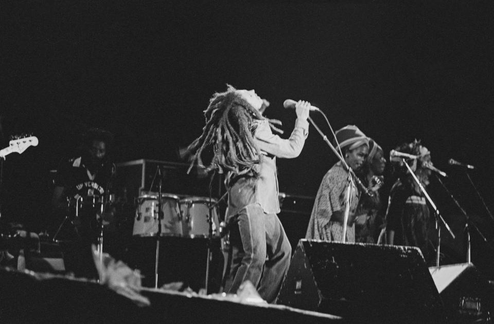 Jamaican reggae singer Bob Marley gives the last concert of his French tour at Le Bourget. The event was the biggest concert France has ever seen. (Photo by &#xa9; Jacques Pavlovsky/Sygma/CORBIS/Sygma via Getty Images)