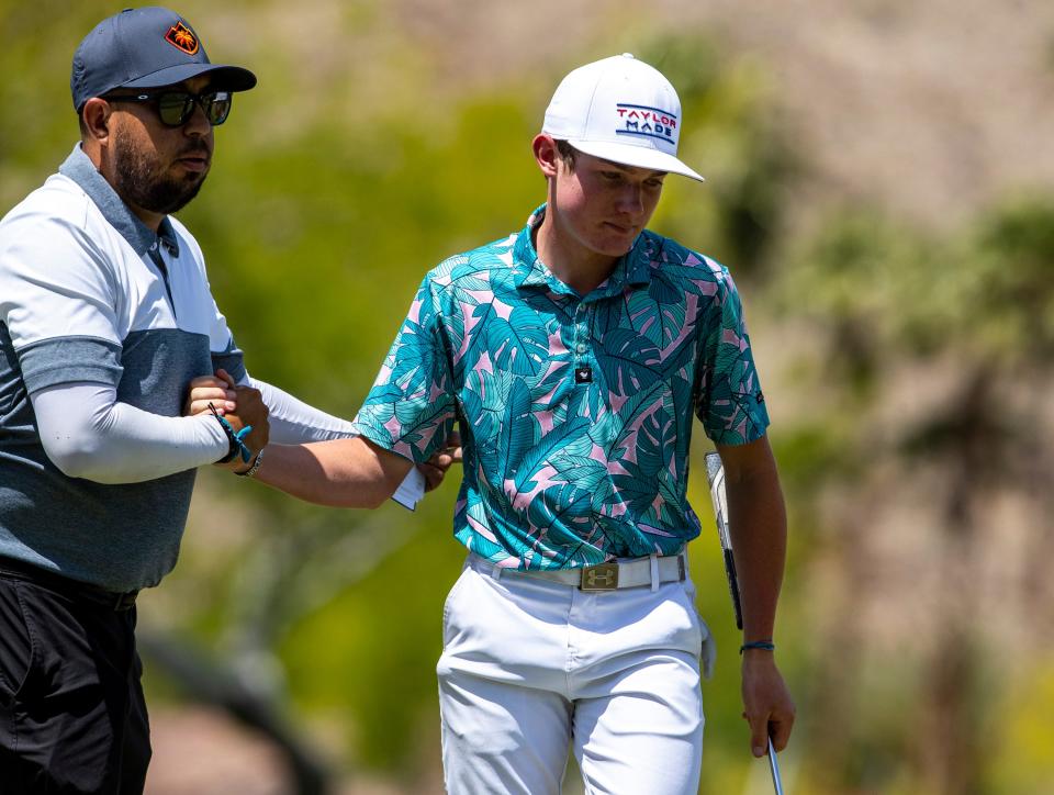 Luke Ringkamp of Palm Desert finishes up on the second green during a U.S. Open qualifying tournament on the South Course at Ironwood Country Club in Palm Desert, Calif., Tuesday, May 9, 2023. 