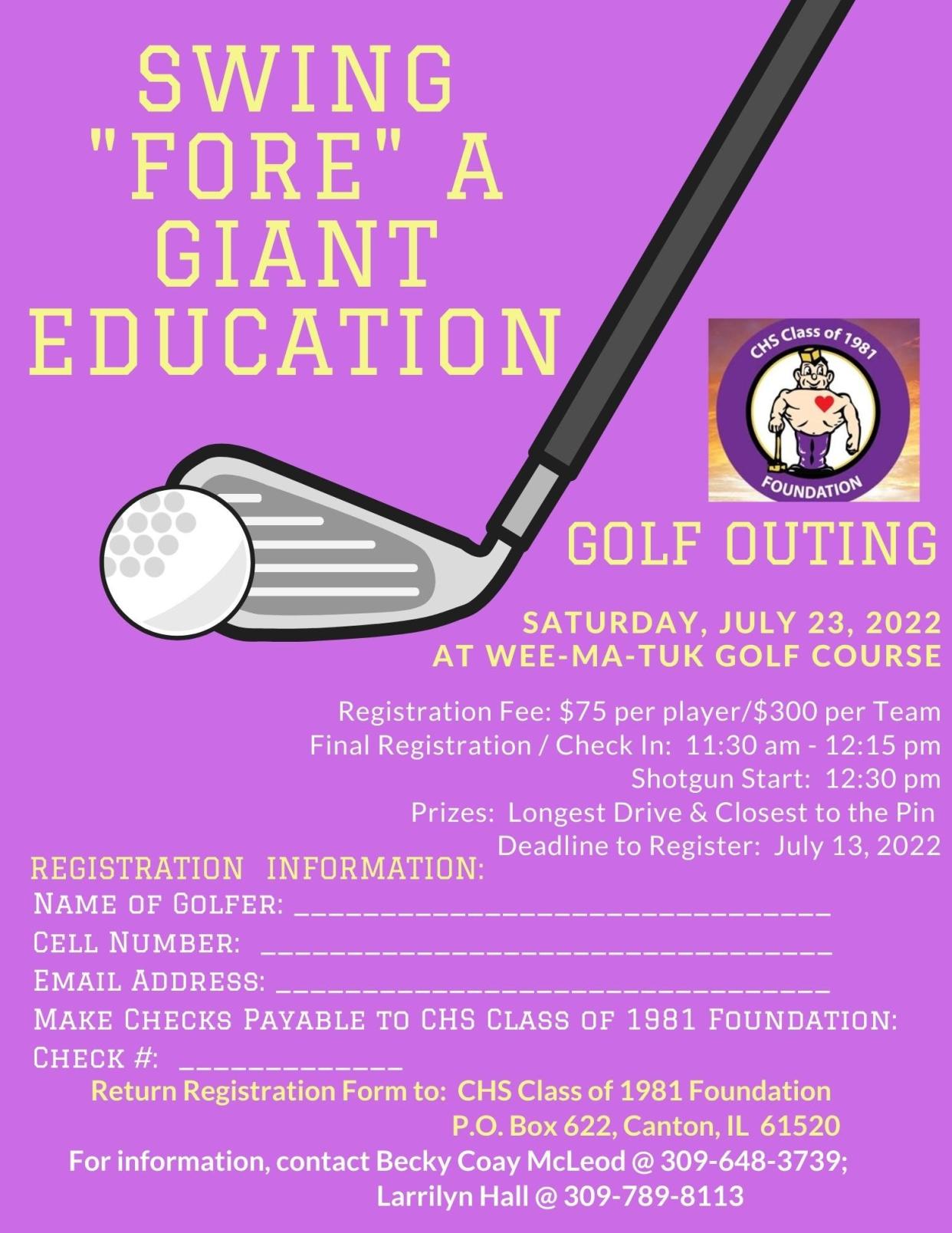 The Canton High School Class of 1981 Foundation will be holding a charity golf outing at Wee-Ma-Tuk Hills Country Club  Saturday, July 23.
