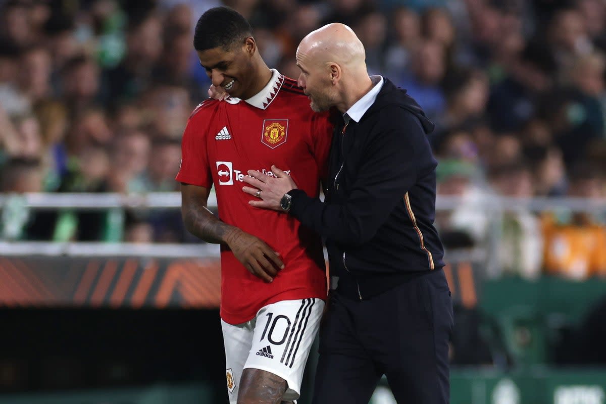 Marcus Rashford (left) was praised by Manchester United manager Erik ten Hag (Isabel Infantes/PA) (PA Wire)