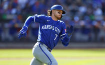 Kansas City Royals' Bobby Witt Jr. runs after hitting a double against the New York Mets during the sixth inning of a baseball game, Sunday, April 14, 2024, in New York. (AP Photo/Noah K. Murray)