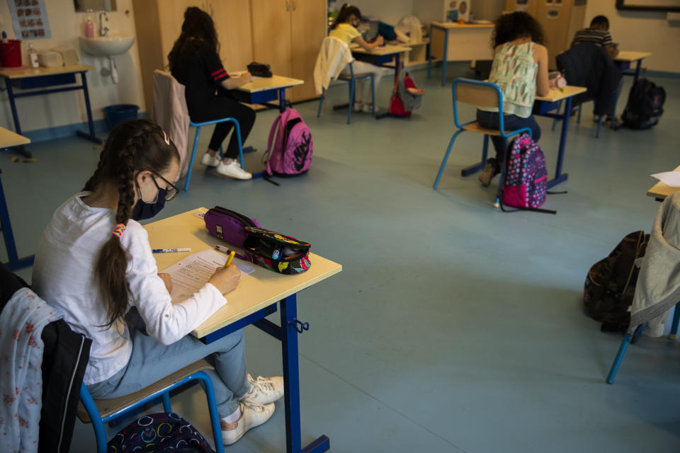 Pupils wearing face masks at Les Magnolias primary school in Brussels, Belgium.