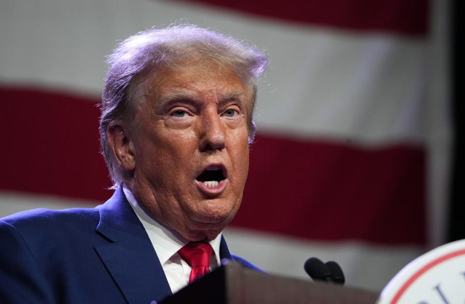 Former President Donald Trump speaks during the Lincoln Dinner on Friday, July 28, 2023, at the Iowa Events Center in Des Moines.