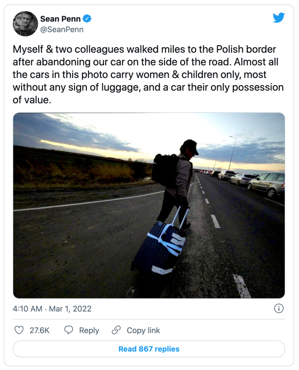 西恩潘在推特發文公佈自己徒步智波蘭。（圖／翻攝自@SeanPenn推特）