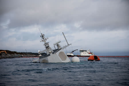 A shipwrecked Norwegian navy frigate "KNM Helge Ingstad" is seen in this Norwegian Coastal Administration handout picture in Oygarden, Norway, November 13, 2018. Jakob Ostheim/Norwegian Coastal Administration/Handout vis REUTERS ATTENTION EDITORS - THIS IMAGE WAS PROVIDED BY A THIRD PARTY. NO RESALES. NO ARCHIVES.