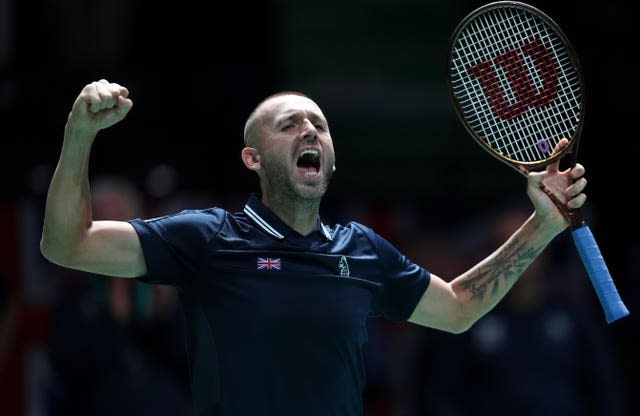 Dan Evans celebrates victory over Finland’s Eero Vasa