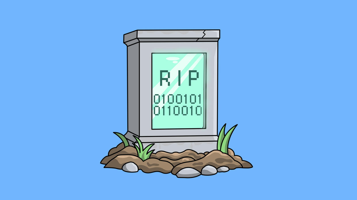  A cartoon CPU on a blue background. 