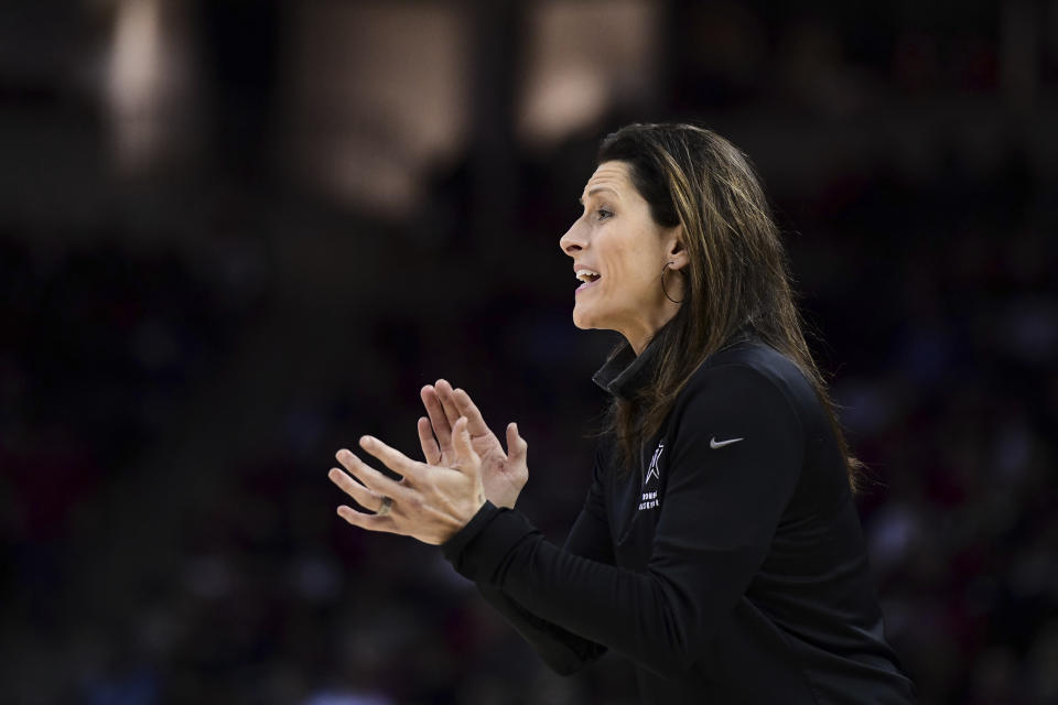 Vanderbilt coach Stephanie White communicates with players during the first half of an NCAA college basketball game against South Carolina Monday, Feb. 17, 2020, in Columbia, S.C. (AP Photo/Sean Rayford)