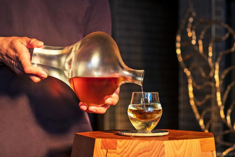 venetian artisan luca nichetto’s handblown hexagonal decanter for the mortlach by design collection