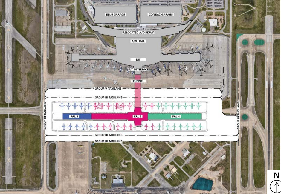 A conceptual rendering shows Austin-Bergstrom International Airport's plans for a new concourse and underground pedestrian tunnel.