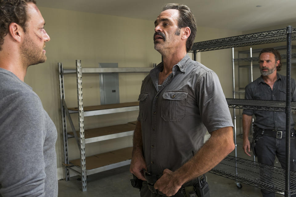 Ross Marquand as Aaron, left, Steven Ogg as Simon, and Andrew Lincoln as Rick on <em>The Walking Dead.</em> (Photo: AMC)