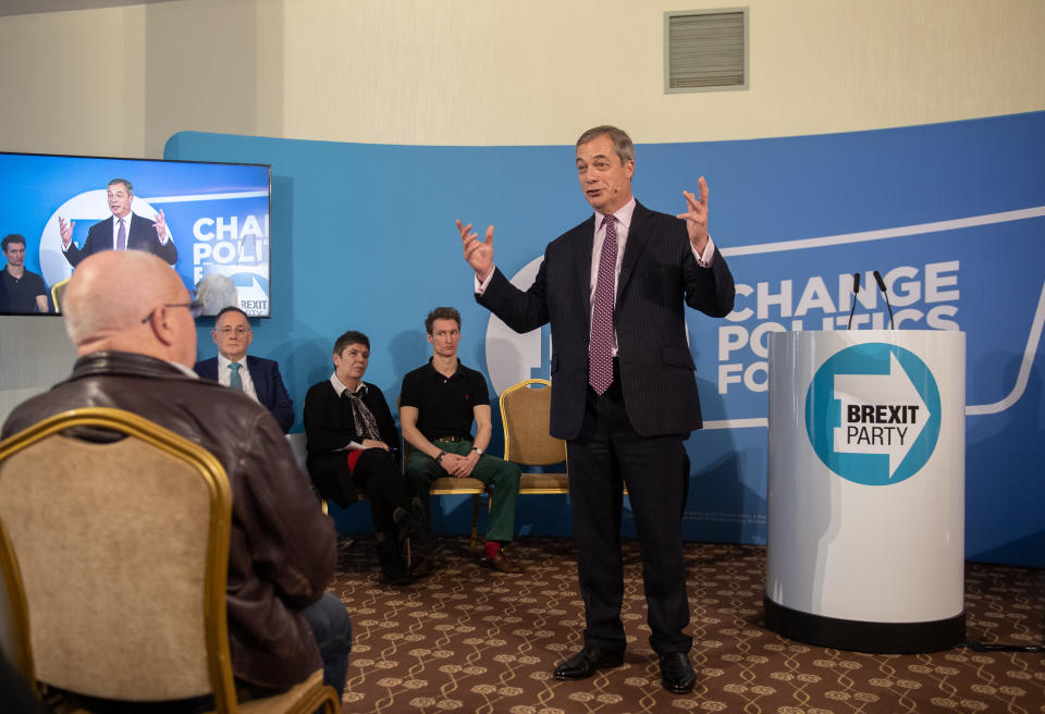 Brexit Party leader Nigel Farage during a party rally at the Great Northern Hotel, in Peterborough, Cambridgeshire, while on the campaign trail ahead of the General Election. PA Photo. Picture date: Tuesday November 19, 2019. See PA story POLITICS Election. Photo credit should read: Joe Giddens/PA Wire