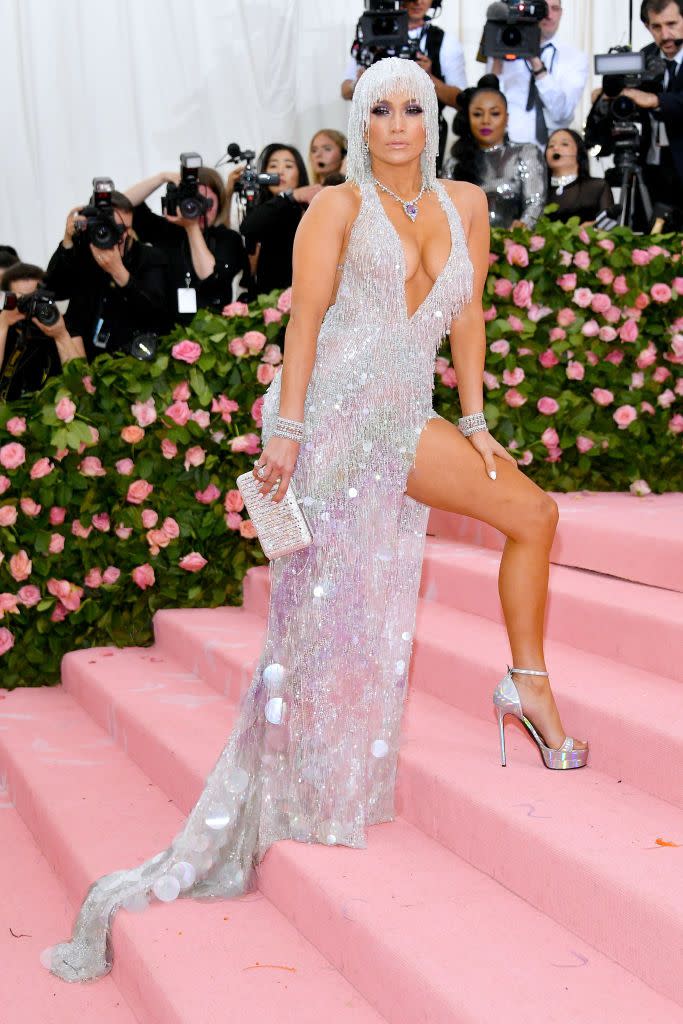 <p>She made quite the entrance in a sparkly silver Versace ensemble at the Met Gala.</p>