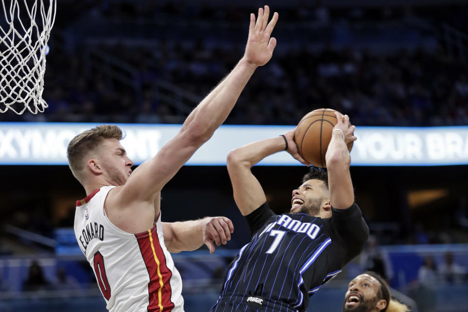 Orlando Magic guard Michael Carter-Williams (7) looks to shoot against Miami Heat center Meyers Leonard, left, during the second half of an NBA basketball game, Saturday, Feb. 1, 2020, in Orlando, Fla. (AP Photo/John Raoux)