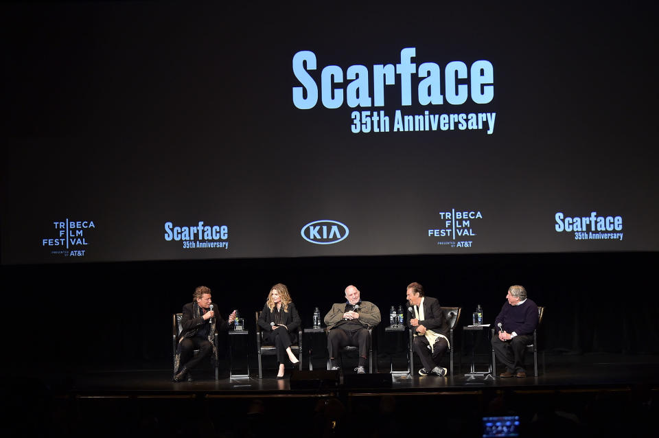 Pfeiffer, pictured with Bauer, De Palma, and Pacino, was grilled by moderator Jesse Kornbluth, far right. (Photo: Theo Wargo/Getty Images for Tribeca Film Festival)