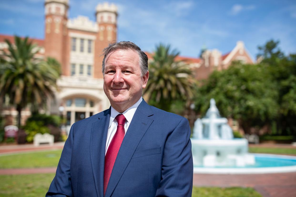 Florida State University President Richard McCullough poses for a portrait in front of Westcott Fountain Thursday, Aug. 11, 2022.