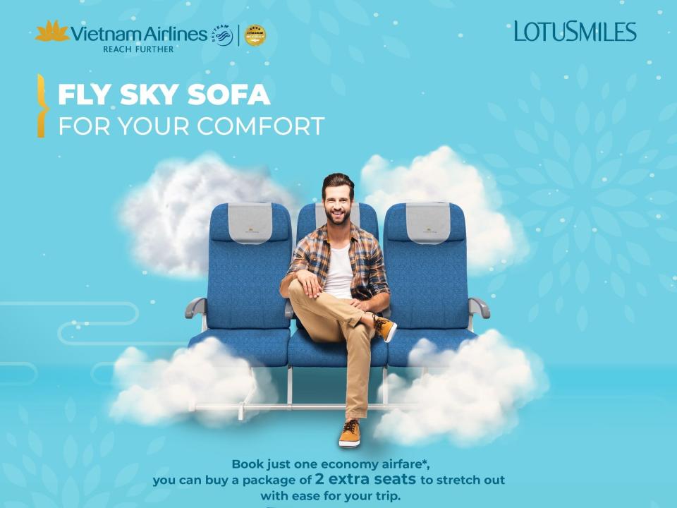 An advertisement for Vietnam Airlines' Skysofa with a smiling man sitting on a row of seats.