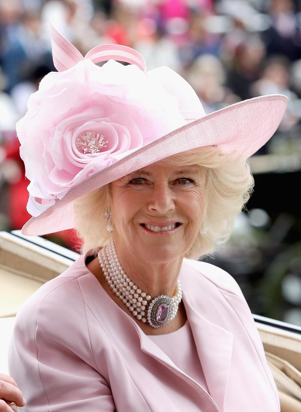 Meanwhile Camilla wore this near identical blush hat with a pink outfit to the Ascot races last year.