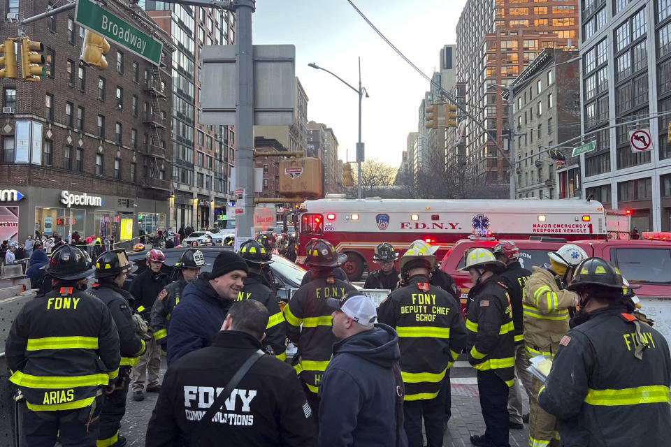 This photo provided by Office New York Mayor shows emergency personnel at the 96th St. & Broadway subway station after the derailment of a New York City subway car, Thursday, Jan. 4, 2024. A New York City subway train derailed Thursday after colliding with another train, leaving more than 20 people with minor injuries including some who were brought to hospitals, the New York City Police Department said. (Office of New York Mayor via AP)
