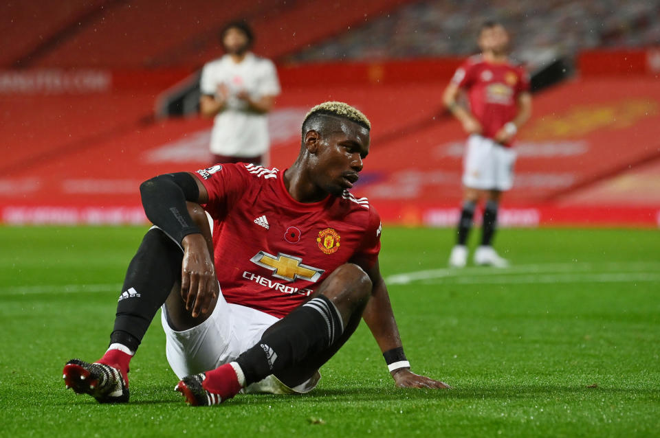 Manchester United's Paul Pogba reacts after fouling Arsenal's Hector Bellerin resulting in Arsenal being awarded a penalty.