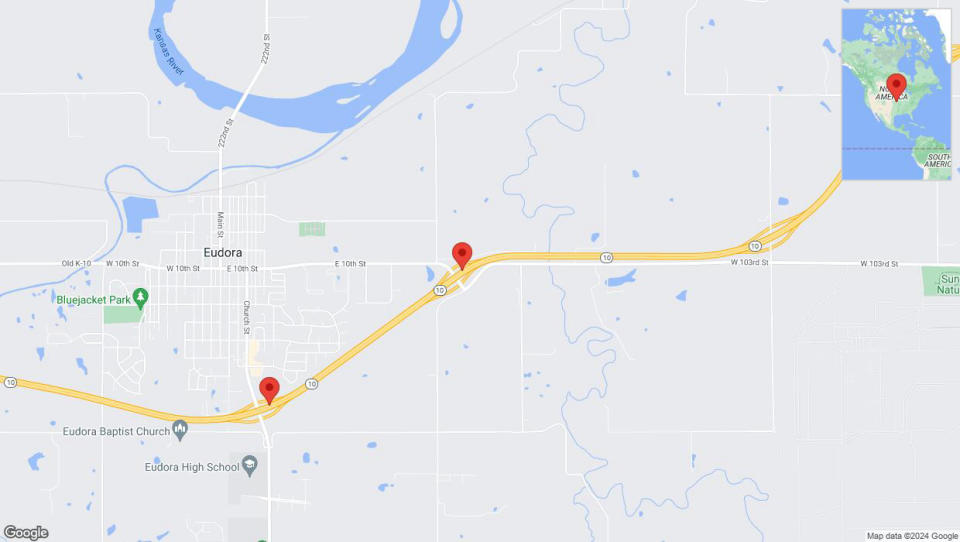 A detailed map that shows the affected road due to 'Heavy rain prompts traffic warning on westbound K-10 in Eudora' on June 28th at 9:31 p.m.