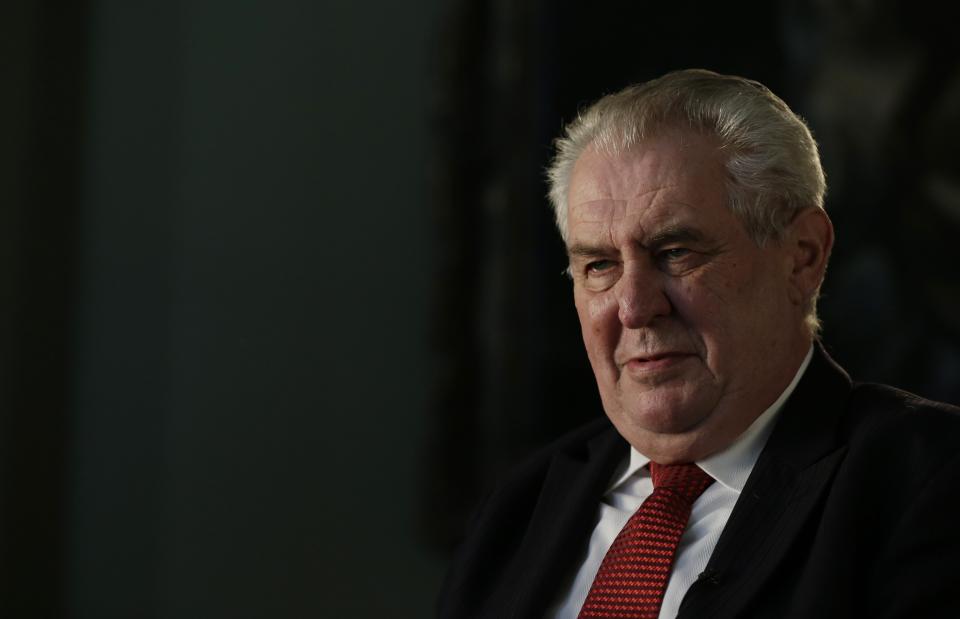 FILE - In this Tuesday, April 21, 2015 file photo, Czech Republic's President Milos Zeman answers questions during an interview with The Associated Press at the Prague Castle in Prague, Czech Republic. Wednesday, March 8, 2023 marks the final day in office of outgoing Czech President Milos Zeman, with his opponents planning to celebrate. Zeman has polarized the Czechs during his two five-year terms in the normally largely ceremonial post with his support for closer ties with China and by being a leading pro-Russian voice in European Union politics. (AP Photo/Petr David Josek/File)