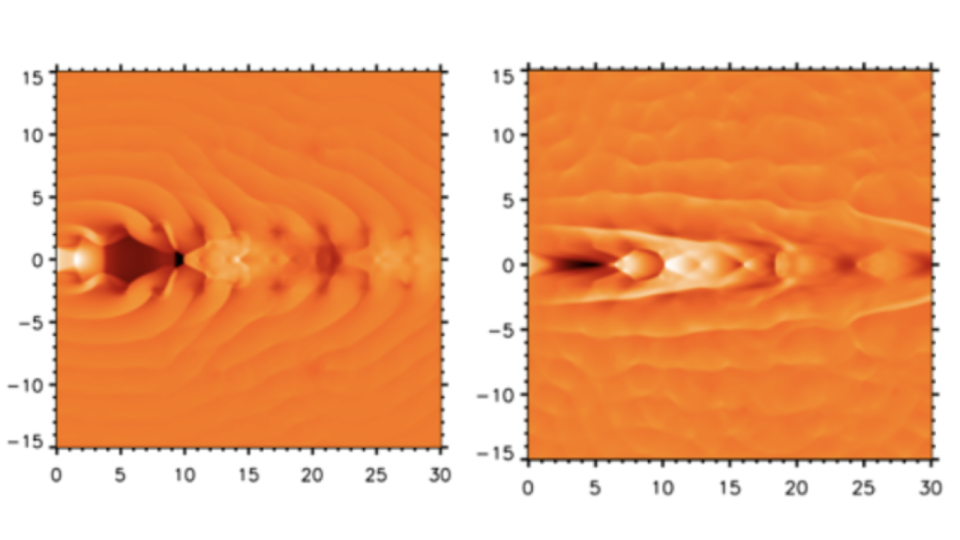 Two orange squares of the same size showing white and dark ripples taking different patterns