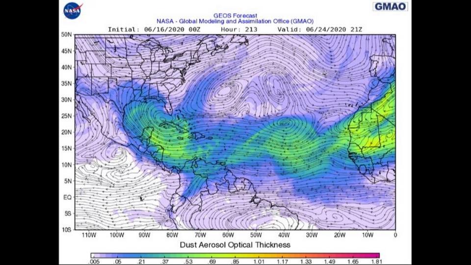 A NASA forecast shows Sahara Dust reach states along the Gulf of Mexico by June 24. Photo from NASA.