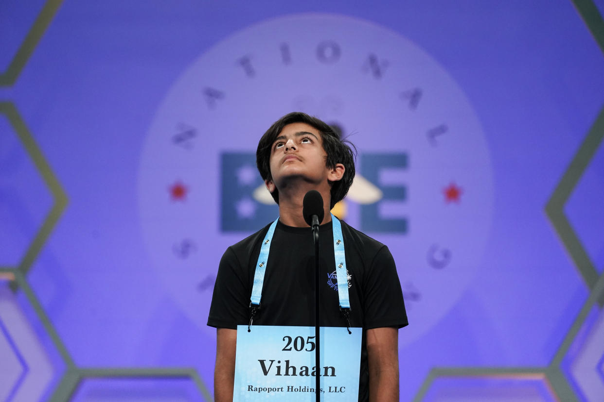 Vihaan Sibal, 13, from McGregor, Texas, competes during the Scripps National Spelling Bee, Tuesday, May 31, 2022, in Oxon Hill, Md. (AP Photo/Alex Brandon)