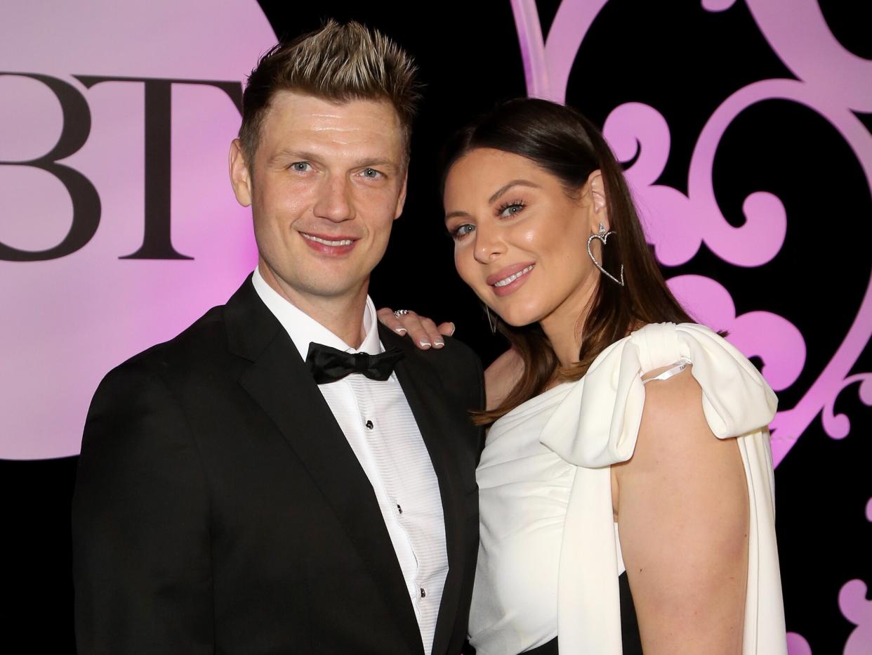 Nick Carter (L) of Backstreet Boys and his wife Lauren Carter attend the 36th annual Black and White Ball honoring Nevada Ballet Theatre's 2020 Woman of the Year event at Caesars Palace on January 25, 2020 in Las Vegas, Nevada