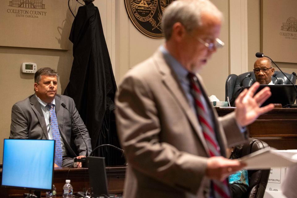 Feb 2, 2023; Walterboro, SC, USA; Chris Wilson, trial attorney, is questioned by prosecutor Creighton Waters during a hearing in the middle of the double murder trial of Alex Murdaugh at the Colleton County Courthouse in Walterboro, Thursday, Feb. 02, 2023. Mandatory Credit: Andrew J. Whitaker /Pool via USA TODAY NETWORK