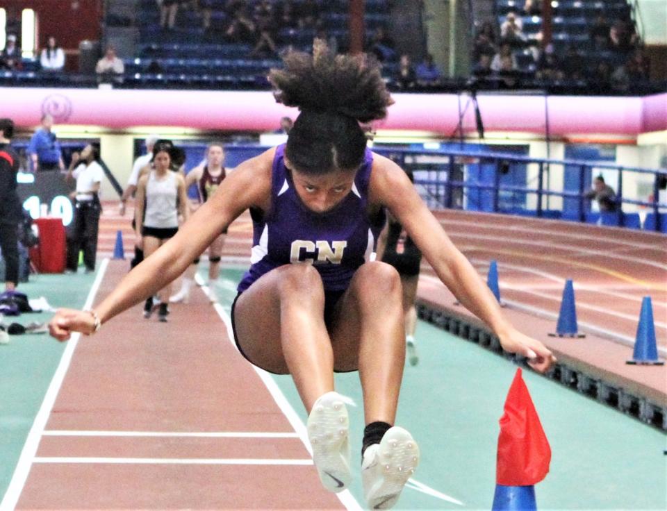 Clarkstown North's Marissa Gordon eyes her landing area while competing in the girls long jump at the Section 1 State Indoor Track and Field Qualifier Feb. 19, 2023. Gordon qalified for states.