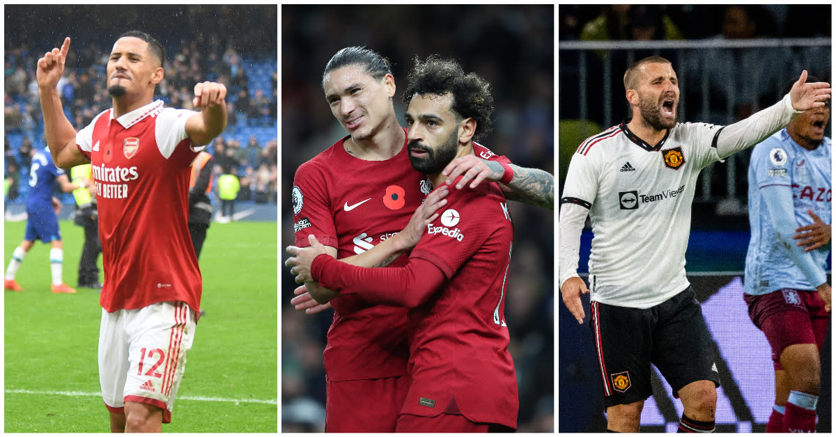 (From left) Arsenal's William Saliba celebrates a win against Chelsea, Liverpool's Darwin Nunez congratulates Mohamed Salah on scoring against Tottenham, and Man United's Luke Shaw reacts during their match against Aston Villa. (PHOTOS: Getty Images)