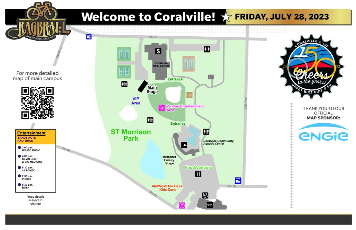 RAGBRAI 50 rolls into Coralville Friday, July 28 for an overnight stop. Much of the action will be stationed in ST Morrison Park.