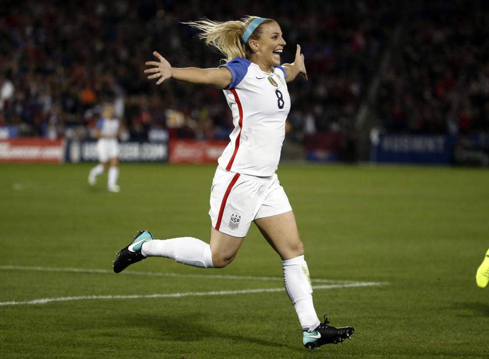 FILE - United States defender Julie Ertz (8) celebrates after scoring a goal against New Zealand during the first half of an international friendly soccer match in Commerce City, Colo., Friday, Sept. 15, 2017. Two-time U.S. Soccer Player of the Year Julie Ertz has retired from soccer after a 10-year career that included back-to-back Women's World Cup titles. I gave everything I had to the sport that I love,” she said in a statement announcing her retirement, Thursday, Aug. 31, 2023. (AP Photo/Jack Dempsey, File)