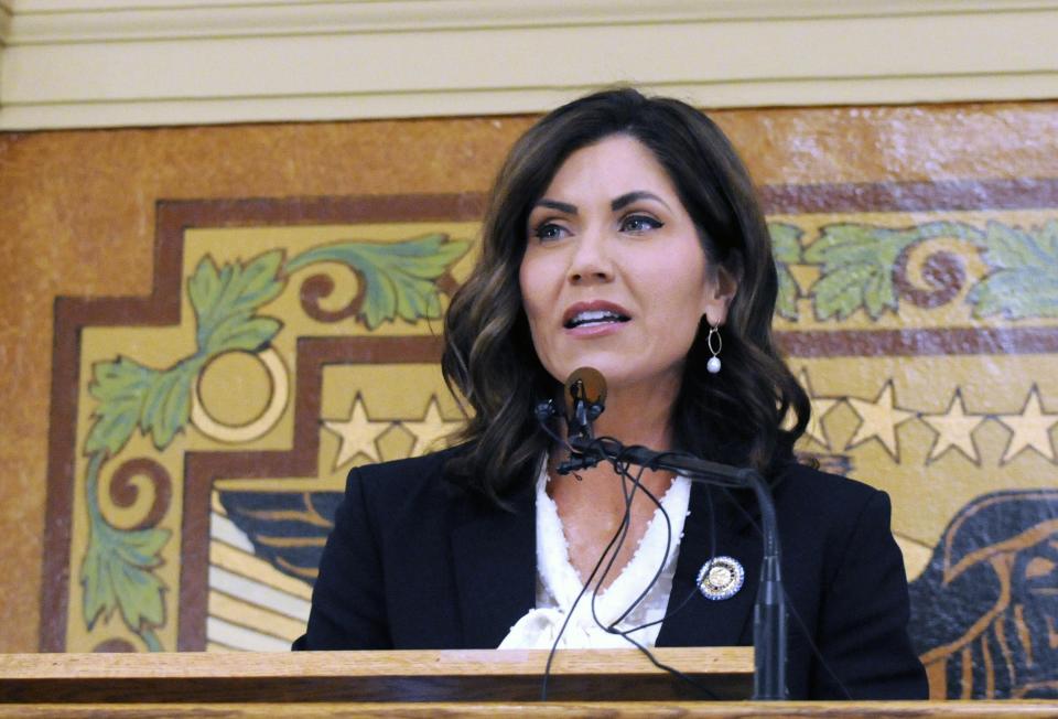 FILE - In this Jan. 2019 file photo, South Dakota Gov. Kristi Noem gives her first State of the State address in Pierre, S.D. South Dakota Gov. A Native American tribe has told South Dakota Gov. Kristi Noem she’s not welcome on one of largest reservations in the country after she led efforts to pass a state law targeting demonstrations such as those in neighboring North Dakota that plagued the Dakota Access oil pipeline. The Oglala Sioux tribe on Thursday, May 2, 2019 told South Dakota Gov. Kristi Noem to stay away from the Pine Ridge Reservation until she rescinds her support for new state laws that target disruptive demonstrations by anti-oil pipeline activists. (AP Photo/James Nord, File)