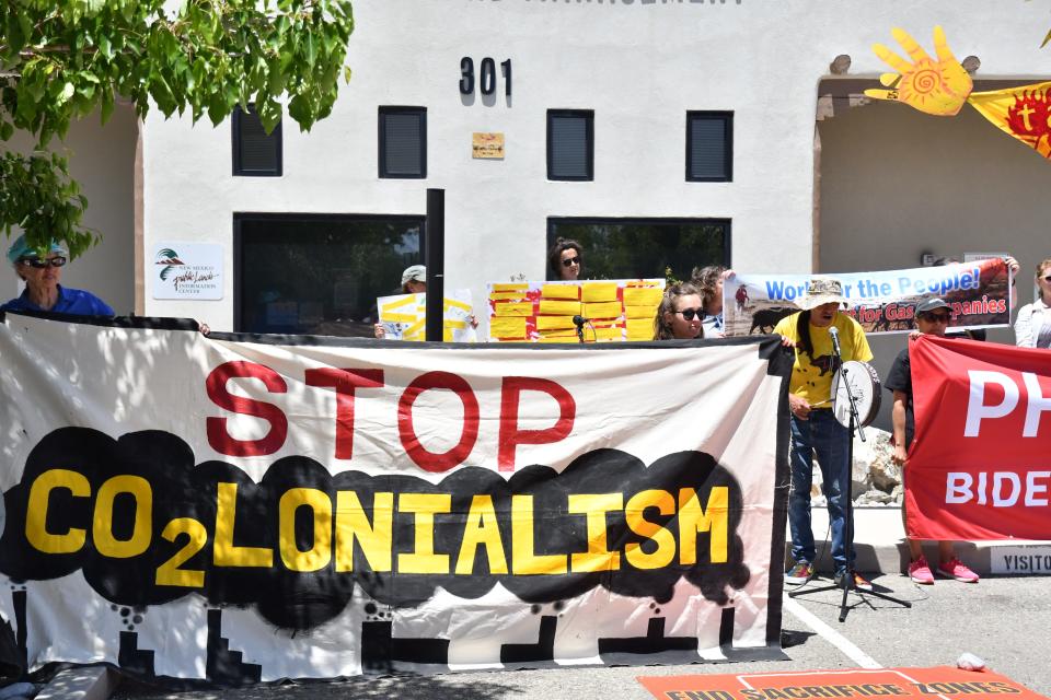 Protestors rally against fossil fuel production on federal public land, May 25, 2023 at the Bureau of Land Management office in Santa Fe.