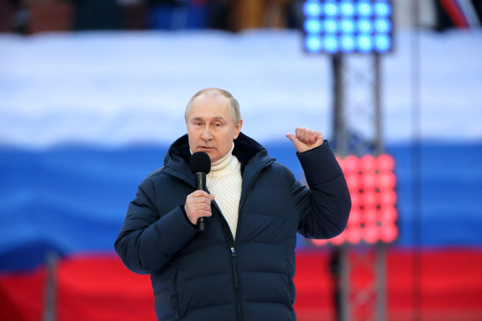 Russian President Vladimir Putin speaks at a concert in Moscow on March 18 marking the anniversary of the 2014 annexation of Crimea. 