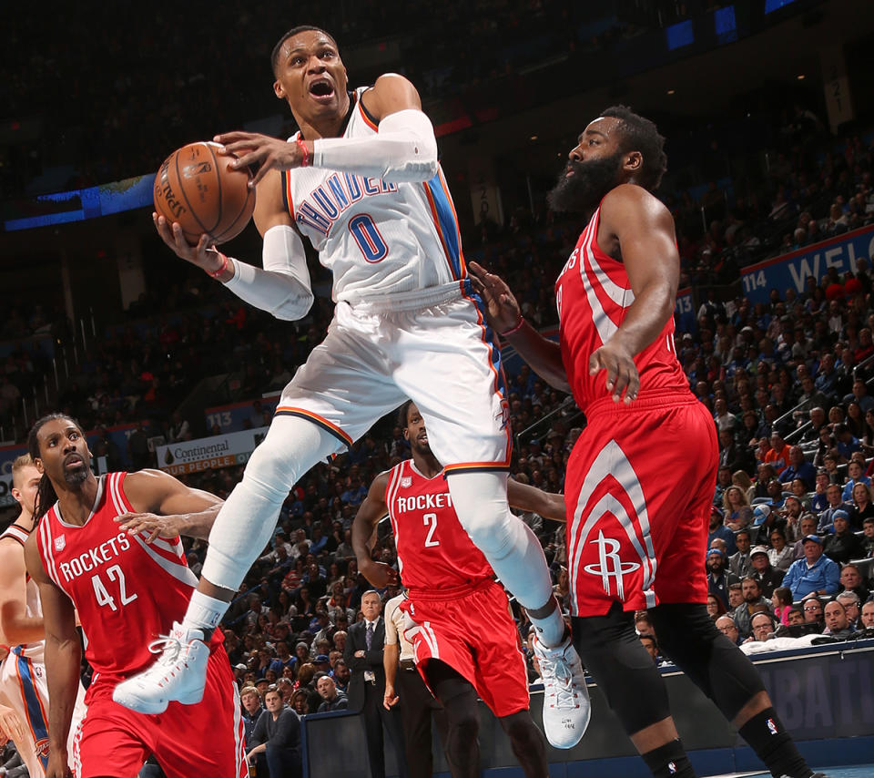 Russell Westbrook and James Harden have both elevated their games this season. (Getty Images)