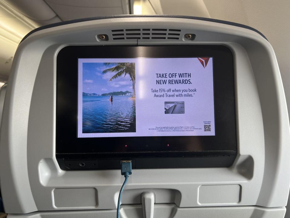 The seatback screen on a Delta Boeing 737 plane.