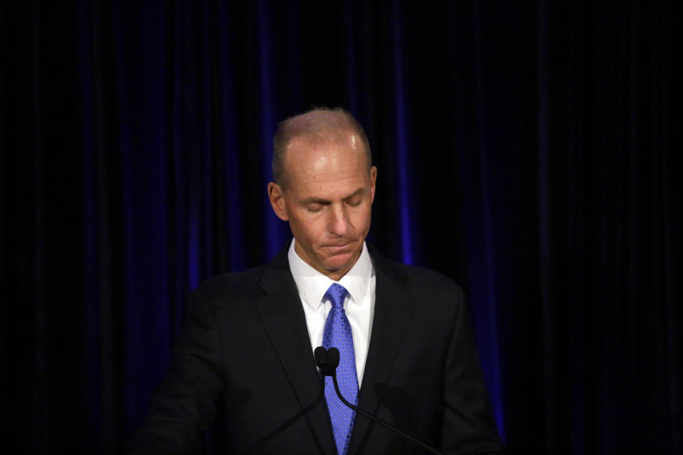 FILE - In this April 29, 2019, file pool photo Boeing Chief Executive Dennis Muilenburg speaks at a news conference after company's annual shareholders meeting at the Field Museum in Chicago. Muilenburg says that after Boeing finishes upgrading flight-control software on the Max, it will be one of the safest planes ever. Muilenburg is scheduled to testify Tuesday, Oct. 29, before a Senate committee, then again on Wednesday before a House panel. (Joshua Lott/The Washington Post via AP, Pool, File)
