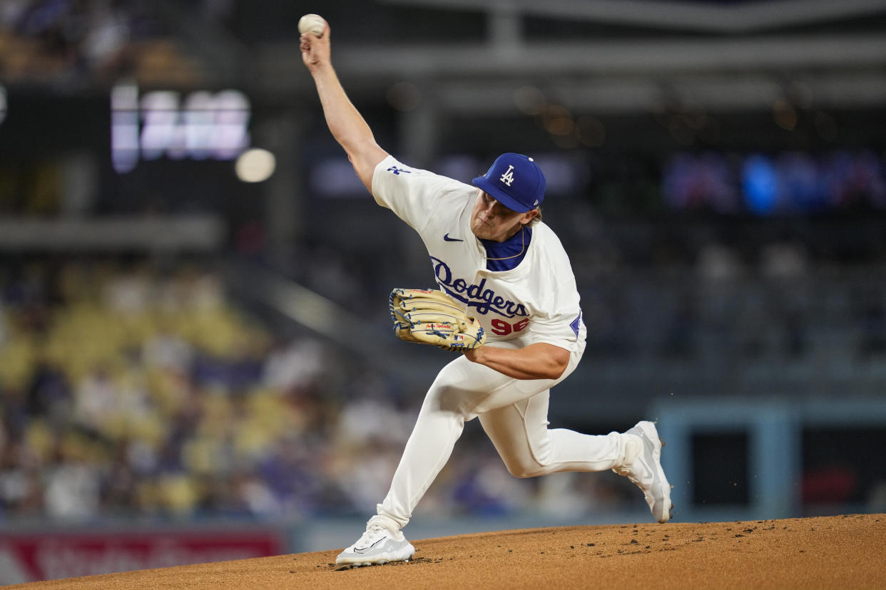 Los Angeles Dodgers starting pitcher Landon Knack throws during the first inning of a baseball game against the Cleveland Guardians in Los Angeles, Friday, Sept. 6, 2024. (AP Photo/Ashley Landis)