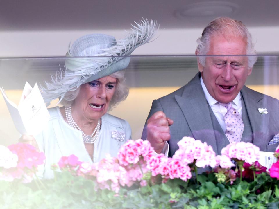 Charles and Camilla cheering from a glass balcony that is lined with pink flowers.