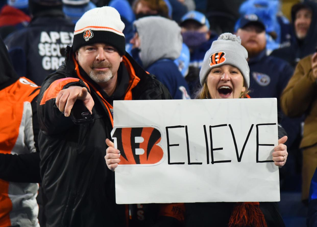 Divisional playoffs: Cincinnati Bengals fans react after the win over the Tennessee Titans at Nissan Stadium.