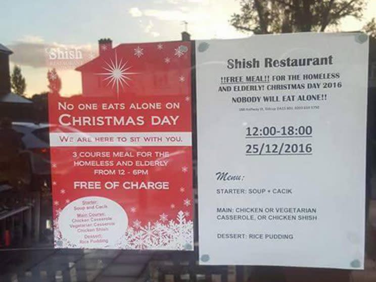 The signs placed in the window of the Shish Restaurant in London. Photo from Facebook.