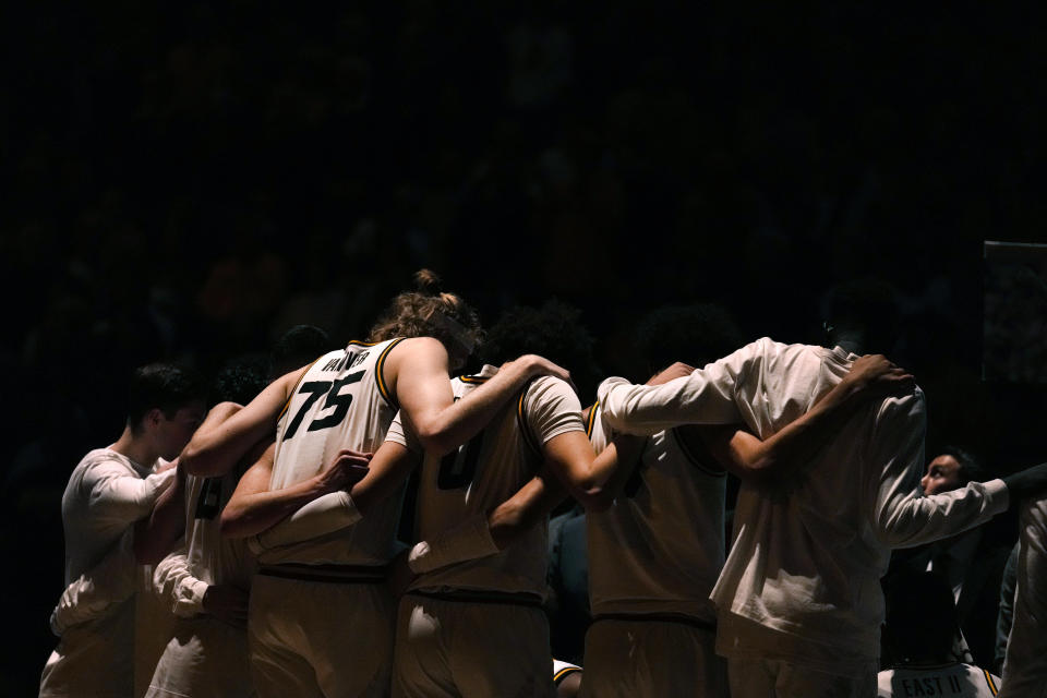 Missouri players huddle during a timeout in the second half of an NCAA college basketball game against Georgia Saturday, Jan. 6, 2024, in Columbia, Mo. Georgia won 75-68. (AP Photo/Jeff Roberson)