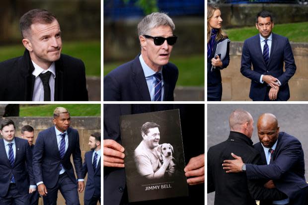 Picture of Rangers squad and legends attending Glasgow church for Jimmy Bell's funeral