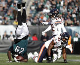 <p>Philadelphia Eagles’ LeGarrette Blount (29) is upended by Chicago Bears’ Adrian Amos (38) during the first half of an NFL football game, Sunday, Nov. 26, 2017, in Philadelphia. (AP Photo/Michael Perez) </p>