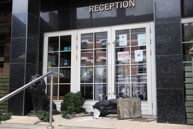 Damage to a hotel entrance in Belfast